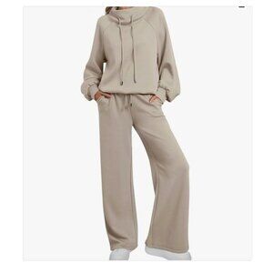 Lounge Matching Set Wide Leg Sweatpants Mock Neck Pullover Beige Size XS Travel